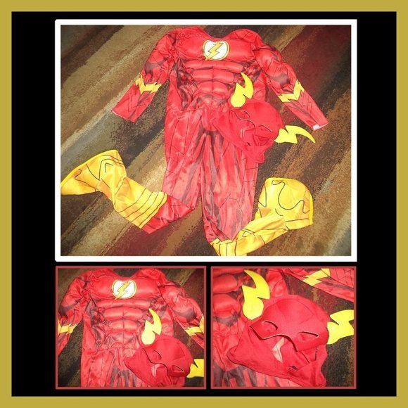 RUBIES HALLOWEEN COSTUME JUSTICE LEAGUE FLASH MUSCLE JUMPSUIT & MASK BOYS SIZE M - Picture 2 of 5